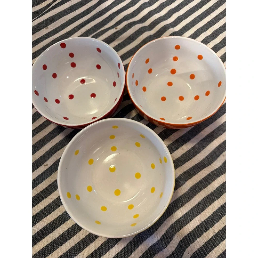 Pier 1 Imports Polka Dot Stoneware Bowls Set of 3 Red Orange Yellow 5.5 Inch